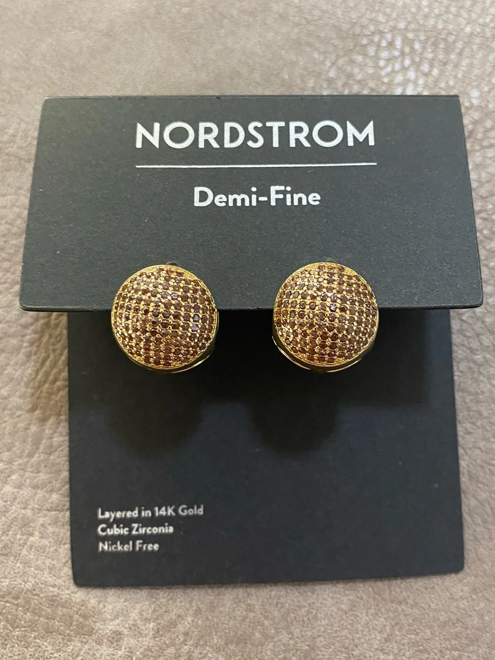 Nordstrom Round Gold Stud Pave Earrings Warm Brown-Hued Stones NWT
